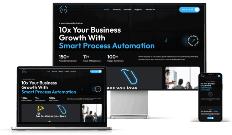 Dark theme website design for a business process automation agency across three devices