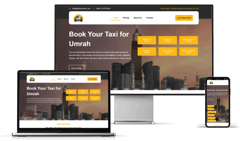 Booking website development for an Umrah taxi service displayed on multiple devices