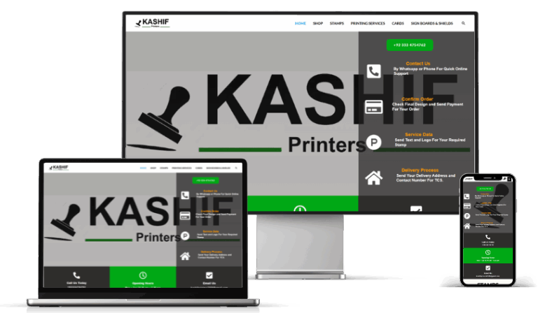 Business website design for a printing services company shown across three devices