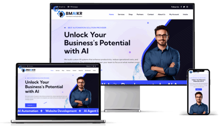 Corporate website design for an AI automation agency shown on desktop, laptop and mobile