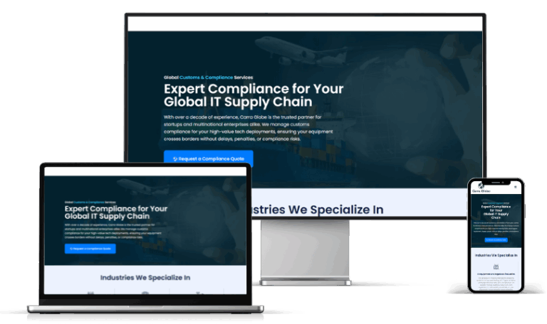 Custom website development for a global logistics compliance firm shown on multiple devices