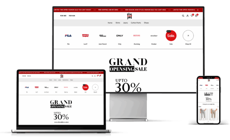 E-commerce website design for a fashion clothing store shown on desktop, laptop and mobile