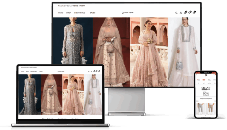 E-commerce website development for a bridal wear brand shown across three devices
