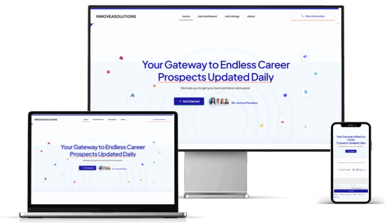 Job portal website development for a career platform shown on desktop, laptop and mobile