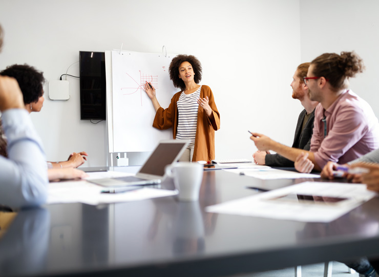 Consultant presenting a growth chart on a whiteboard to a seated team